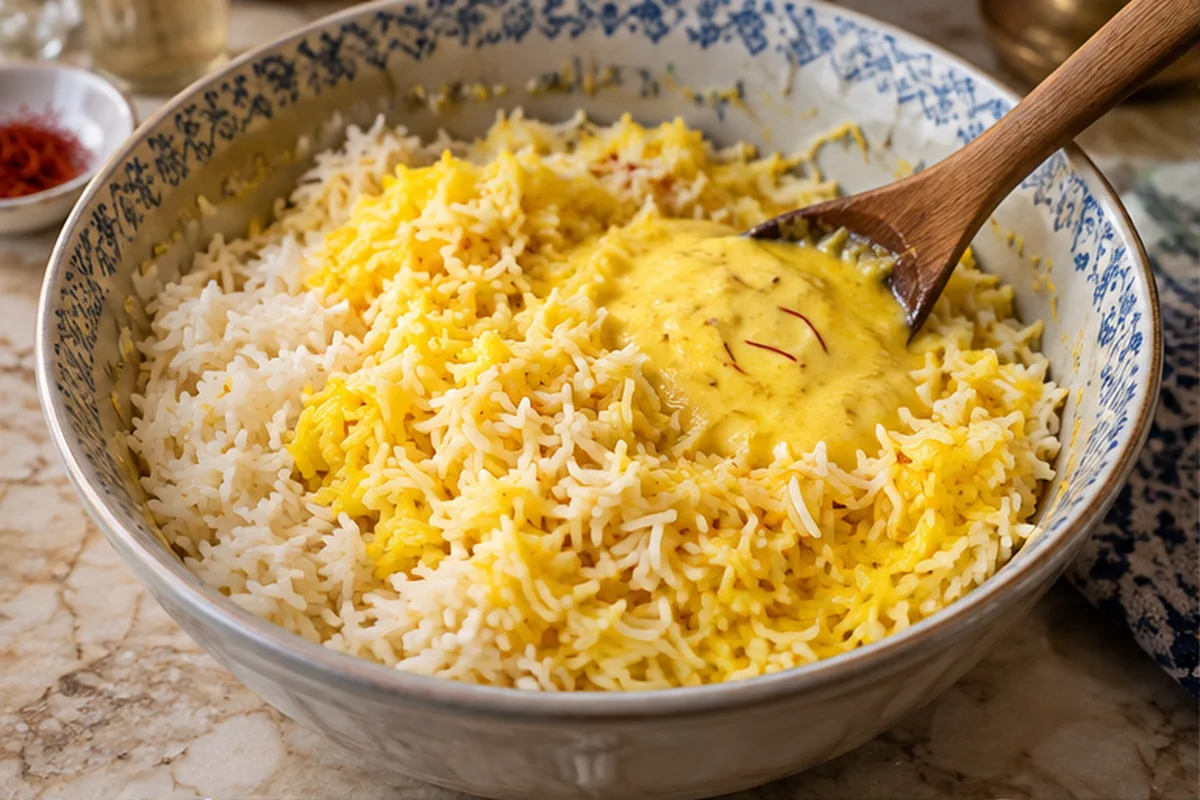 Шафрановую смесь соединяют с рисом, сохраняя зёрна целыми.