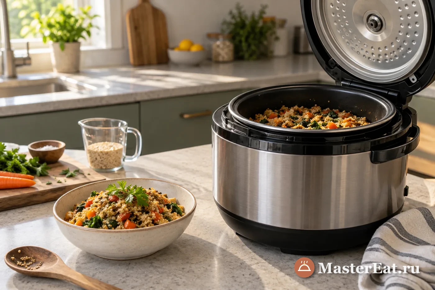 Мультиварка с открытой крышкой и чашей готовой крупы с овощами