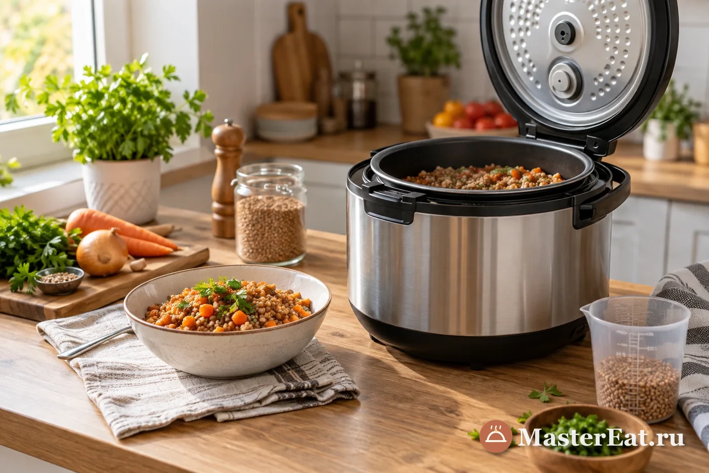 Мультиварка с открытой чашей и тарелкой готовой крупы с овощами