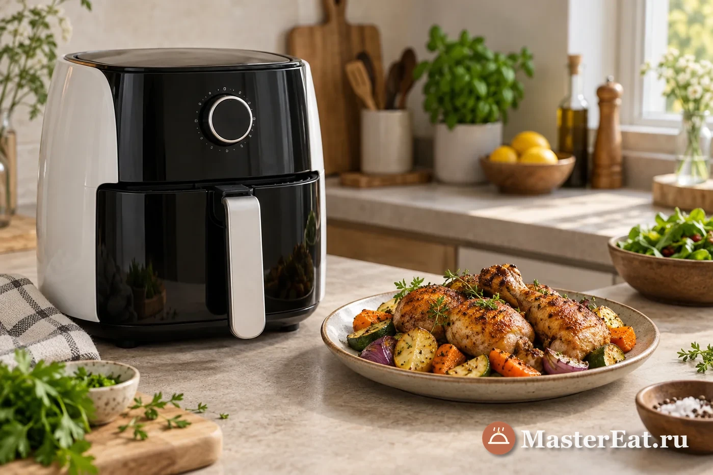 Аэрогриль Xiaomi рядом с запечёнными овощами и курицей