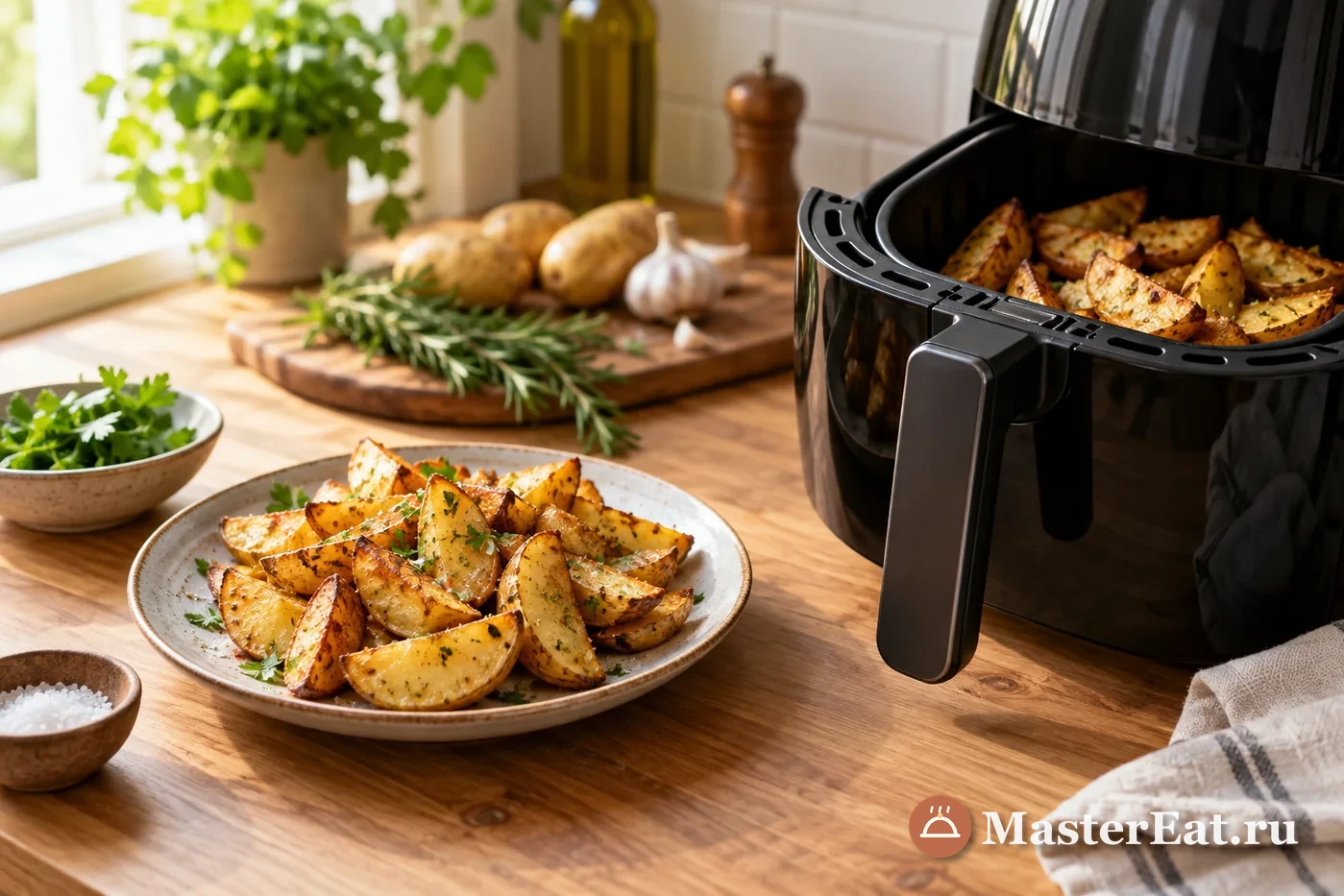 Аэрогриль и золотистые картофельные дольки на домашней кухне
