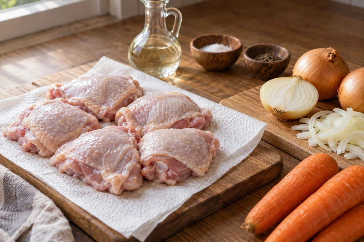 Шаг 2. Обсушите и подготовьте основные продукты: курица, уксус, лук, соль.