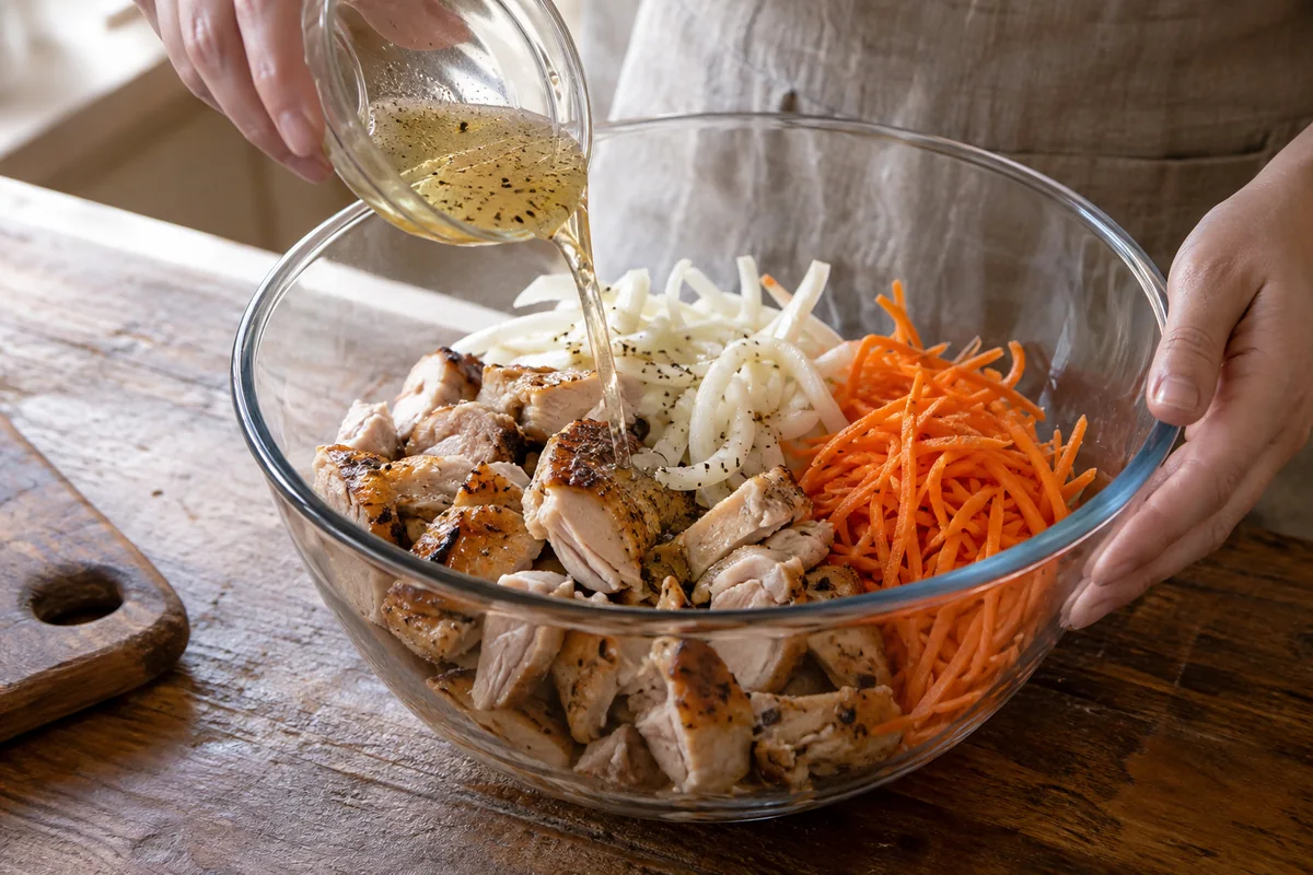 Шаг 5. Сложите подготовленные продукты в миску и добавьте заправку.