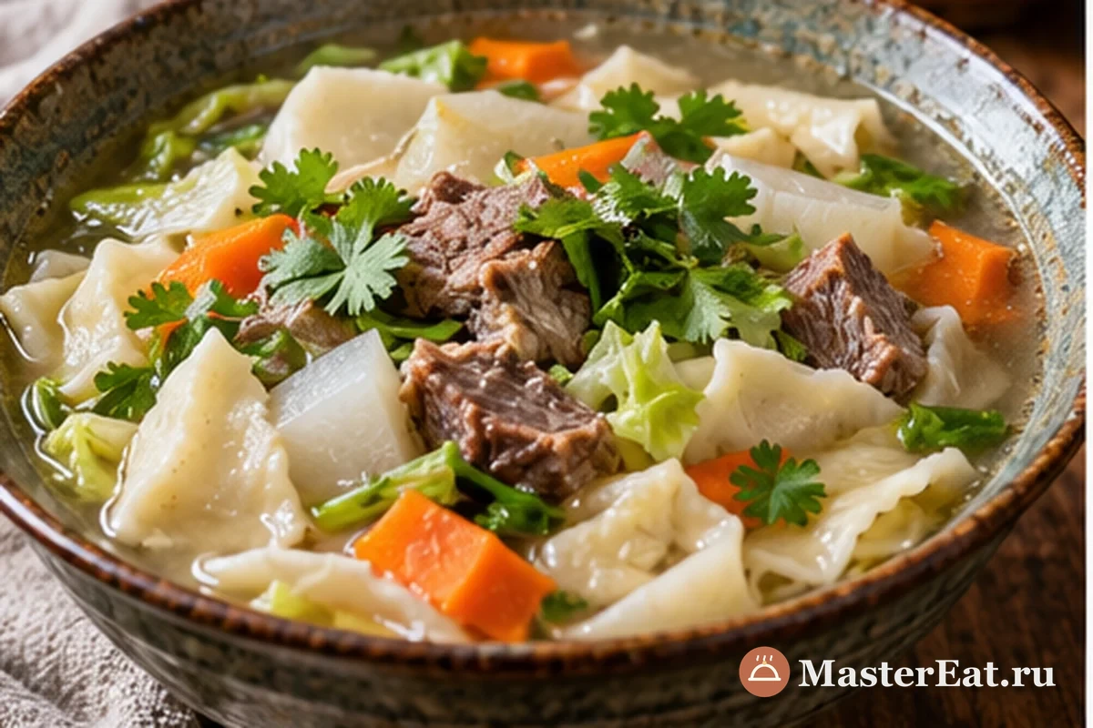 Тибетский тхентук с говядиной, дайконом и рваными кусочками теста