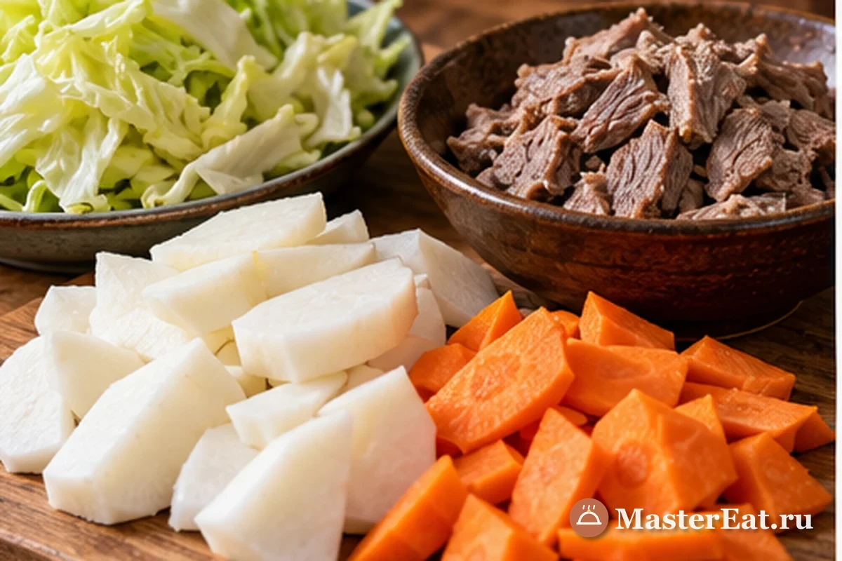 Морковь, дайкон, капусту и отваренную говядину нарезают для супа