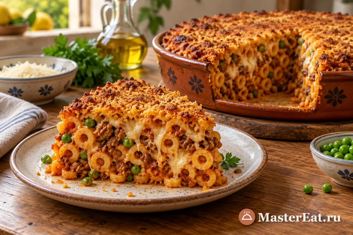 Сицилийский тимбалло из анеллетти с мясным рагу, горошком и сыром
