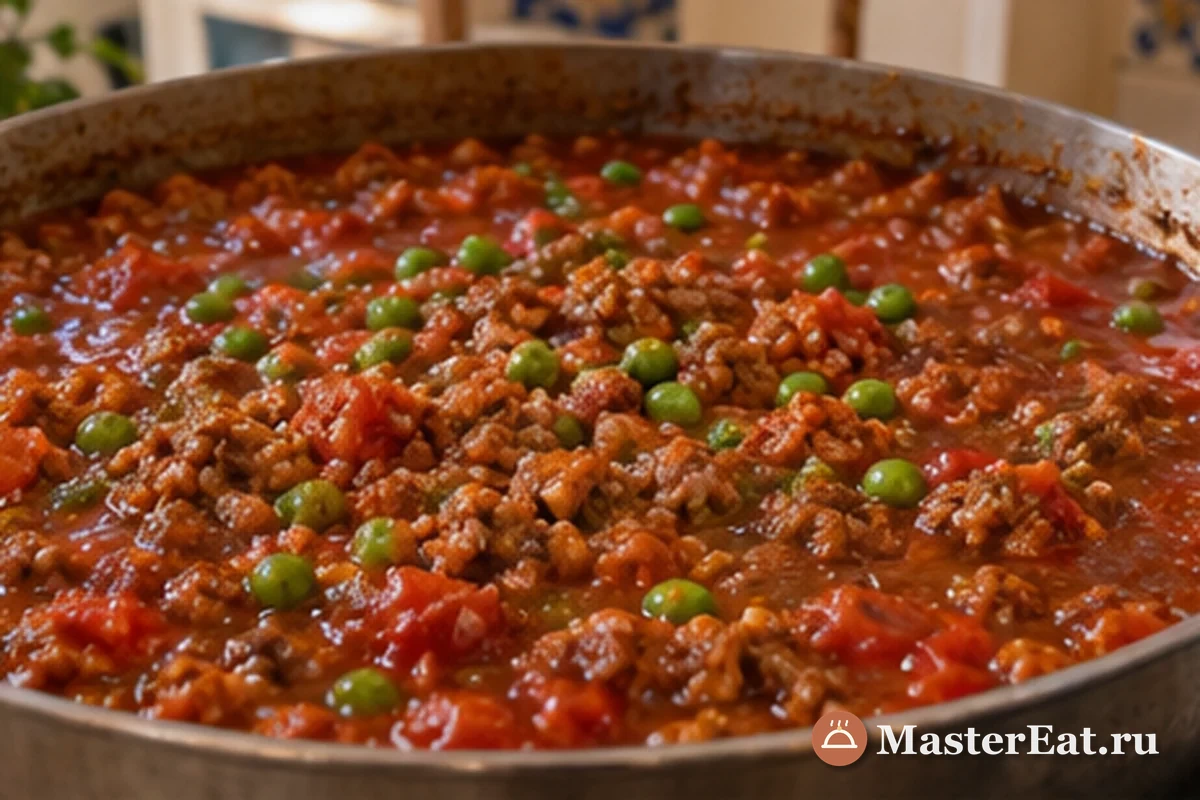 Мясной фарш тушится с томатной пассатой и зелёным горошком