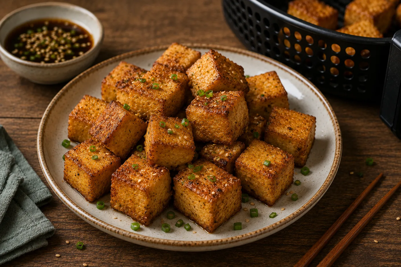 Золотистые кубики тофу с кунжутом и зелёным луком после приготовления в аэрогриле