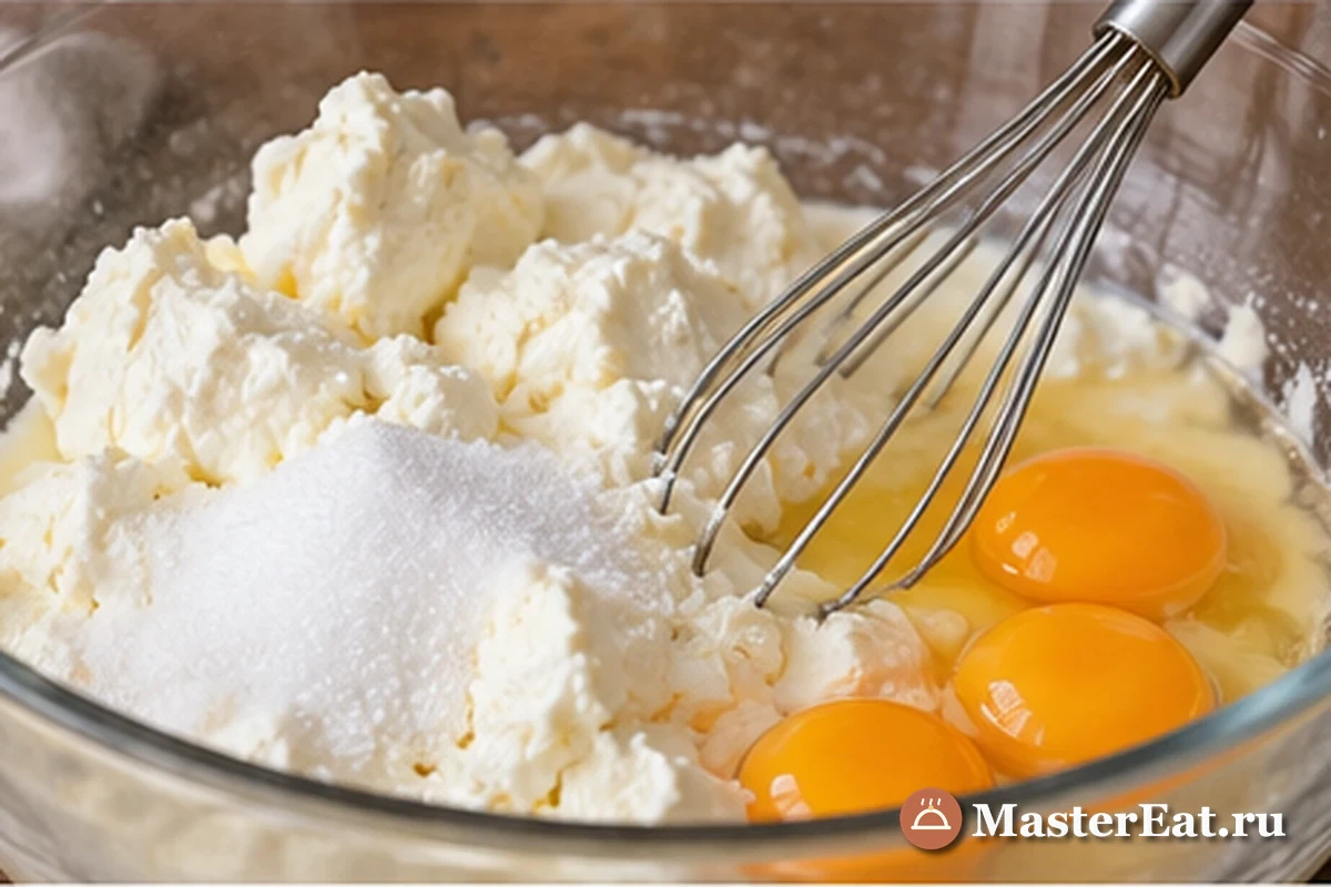 Козий сыр смешивают с сахаром и яйцами