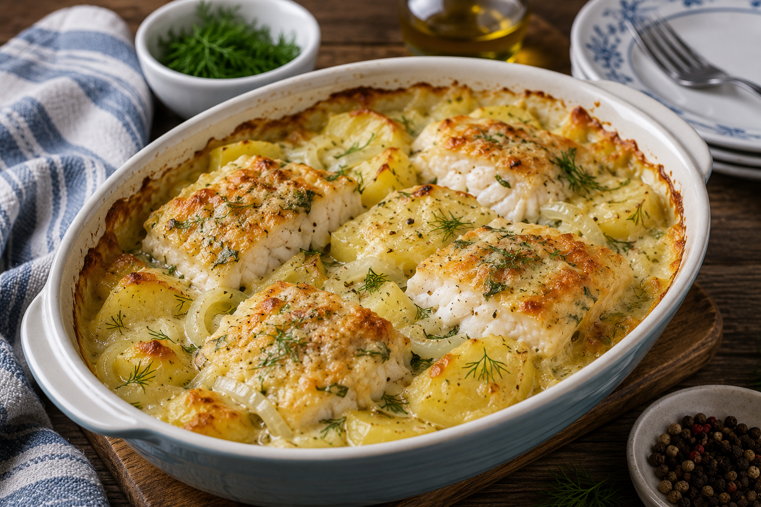 Треска по-мурмански с картофелем под сметанным соусом и сырной корочкой в форме для запекания