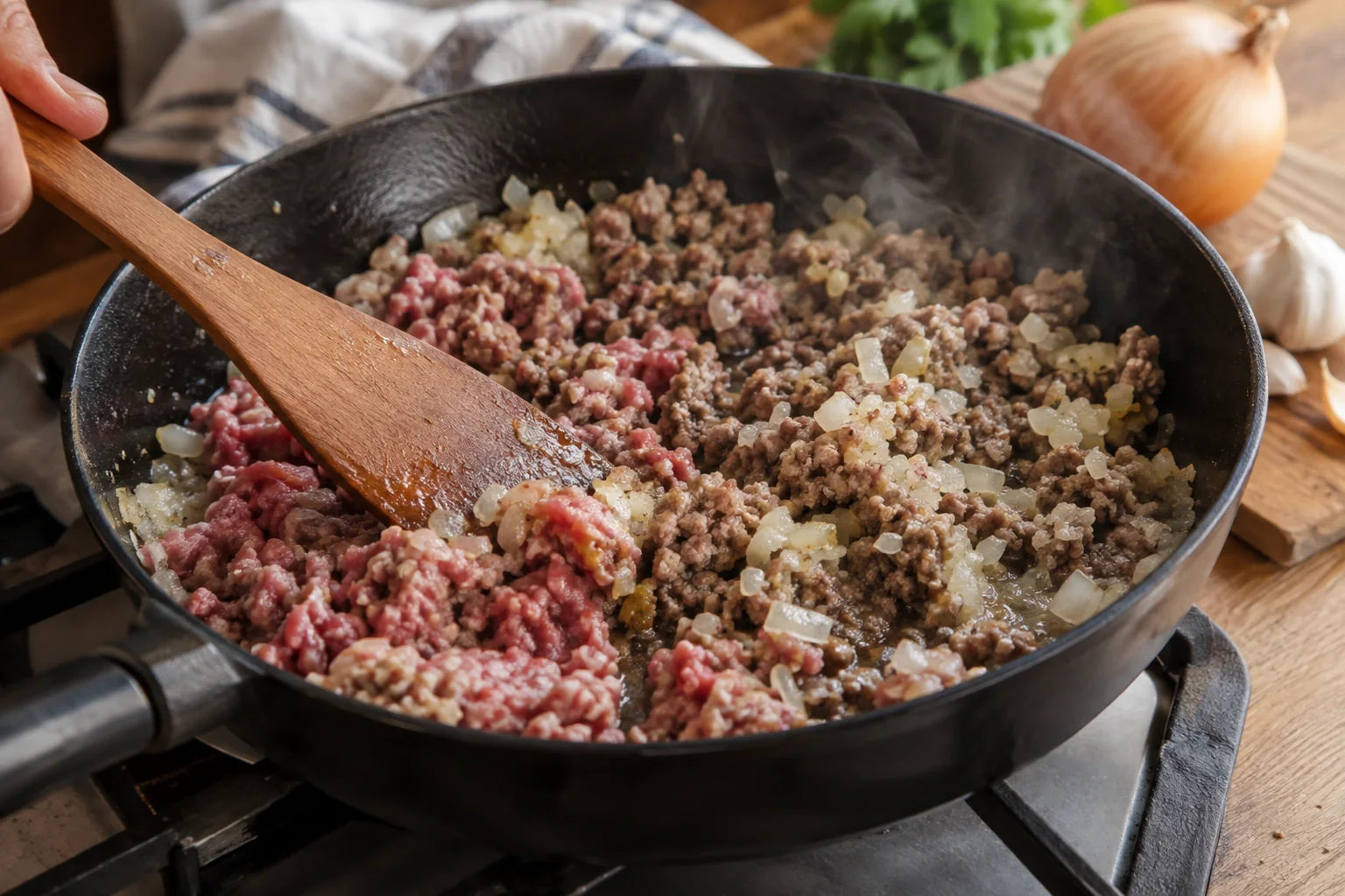 Шаг 5. Добавьте фарш и обжаривайте, пока мясо не подрумянится.