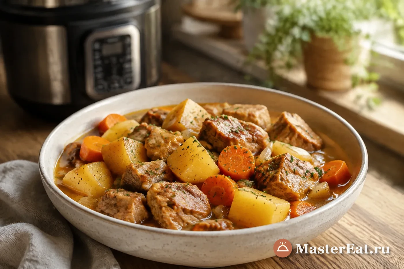 Густая тушёная картошка с кусочками свинины
