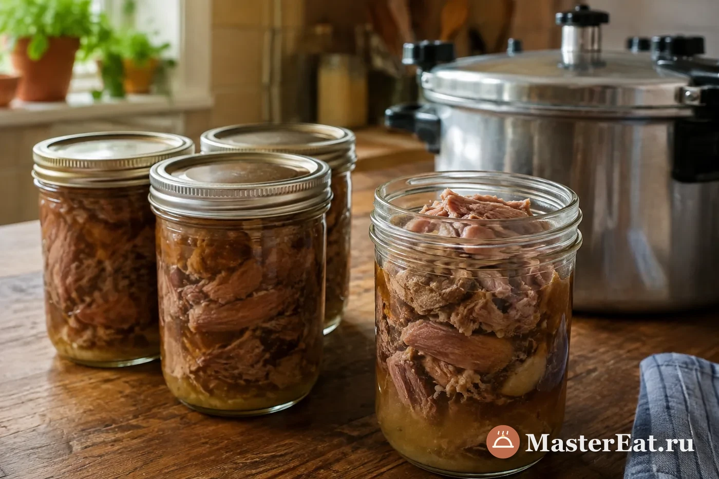 Открытая банка с плотными кусочками утиной тушёнки в собственном соку