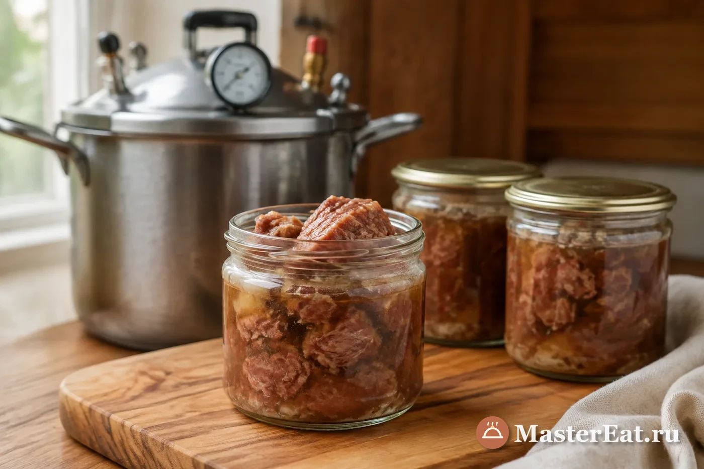 Открытая стеклянная банка с крупными сочными кусочками говяжьей тушёнки в собственном соку