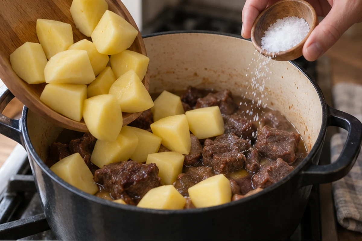 Шаг 6. Очистите картофель, нарежьте крупными кусками, положите к мясу и добавьте оставшиеся 4 г соли.