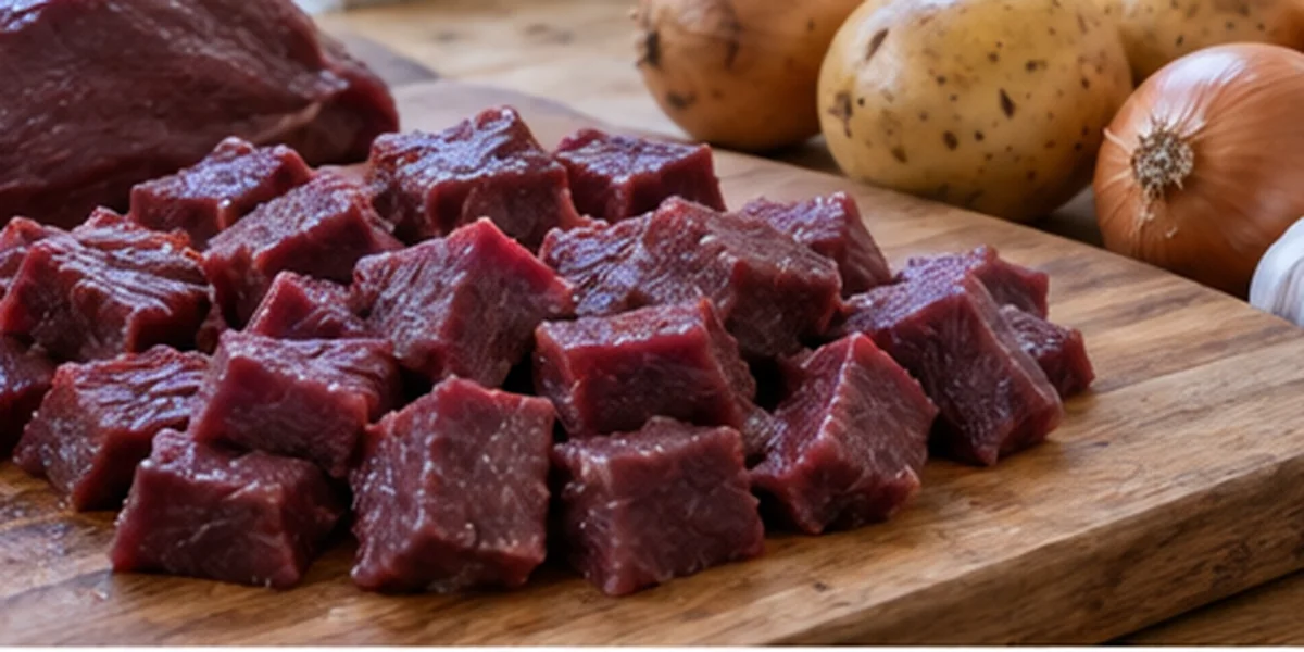 Оленину зачищают и нарезают крупными кубиками.