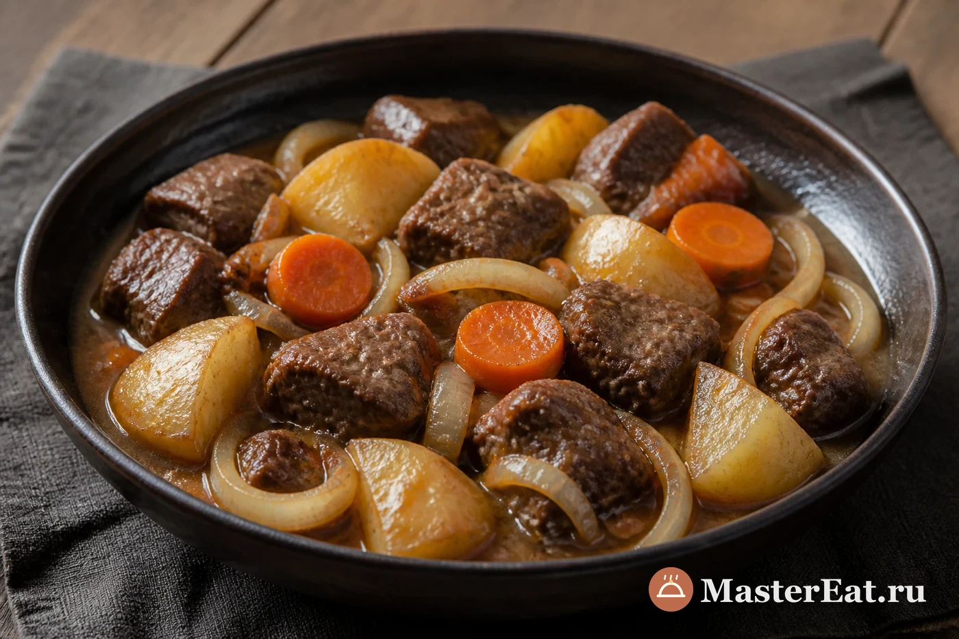 Кусочки тушёной оленины с картофелем и морковью в глубокой посуде