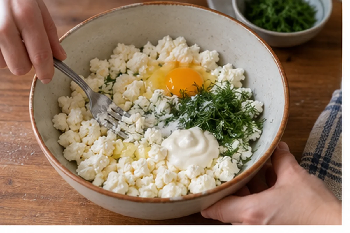 Разотрите творог с яйцами, сметаной, солью и мелко нарезанной зеленью.