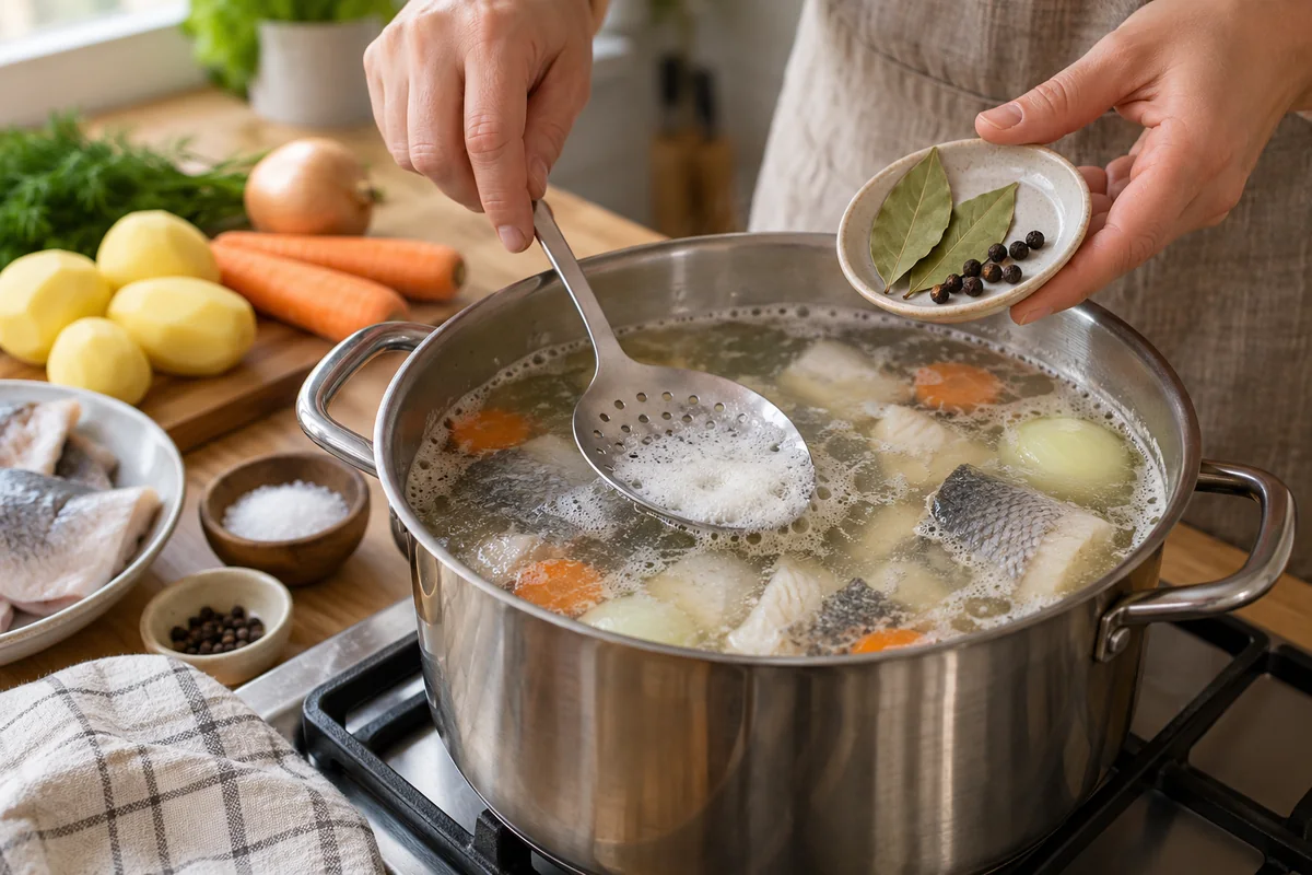 Шаг 3. Снимите пену, добавьте лавровый лист и перец горошком, варите 15 минут на слабом огне.