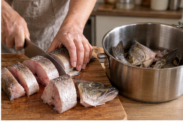Шаг 2: Нарежьте крупную рыбу порционными кусками, а головы без жабр и хвосты положите в кастрюлю.