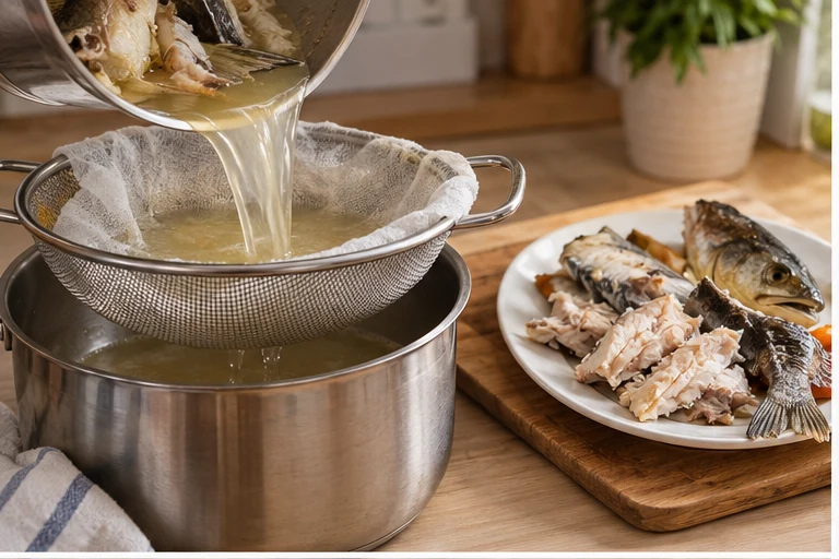 Шаг 5: Процедите бульон в чистую кастрюлю, отделите пригодное мясо от голов и хвостов, а кости удалите.