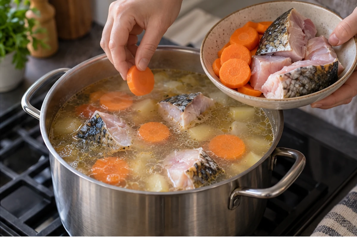 Шаг 6. Через 8 минут положите оставшуюся морковь кружками и порционные куски сазана и варите на слабом огне 10 минут.