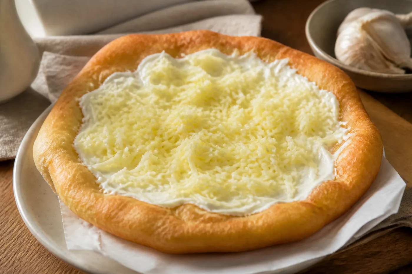 Венгерский лангош со сметаной и тёртым сыром