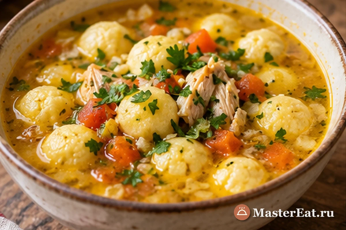 Парагвайский вори-вори с курицей, кукурузными клёцками и зеленью