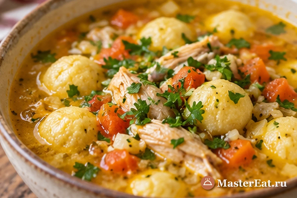 Готовый вори-вори подают горячим с курицей, клёцками и петрушкой