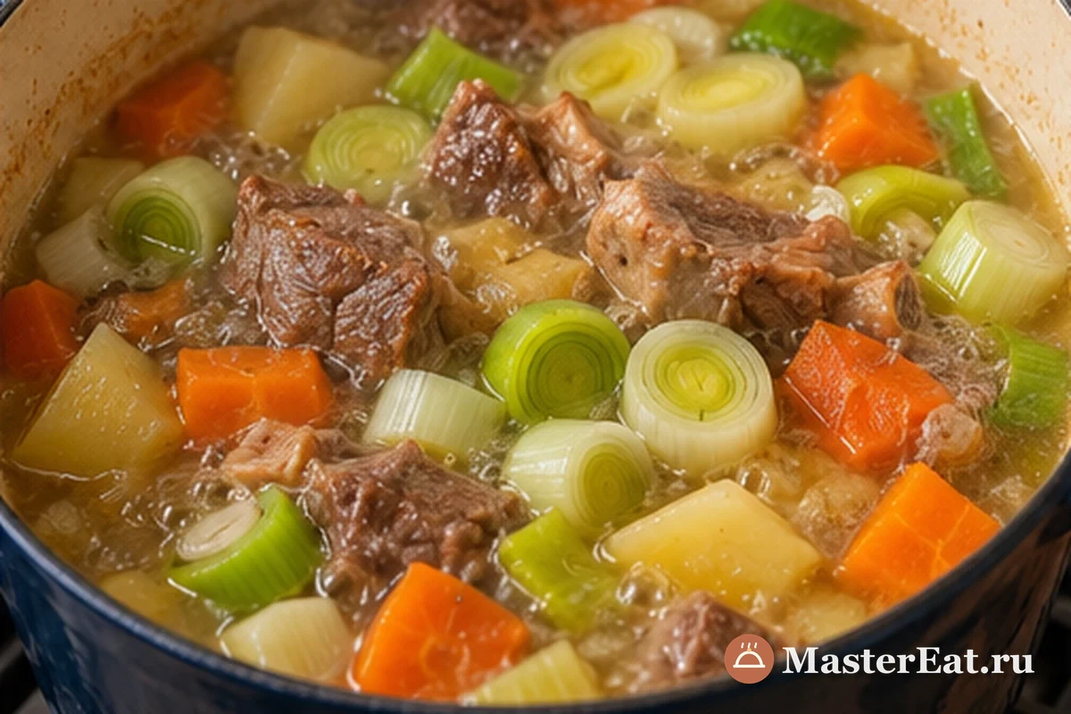 Готовый каул с бараниной и овощами посыпают петрушкой