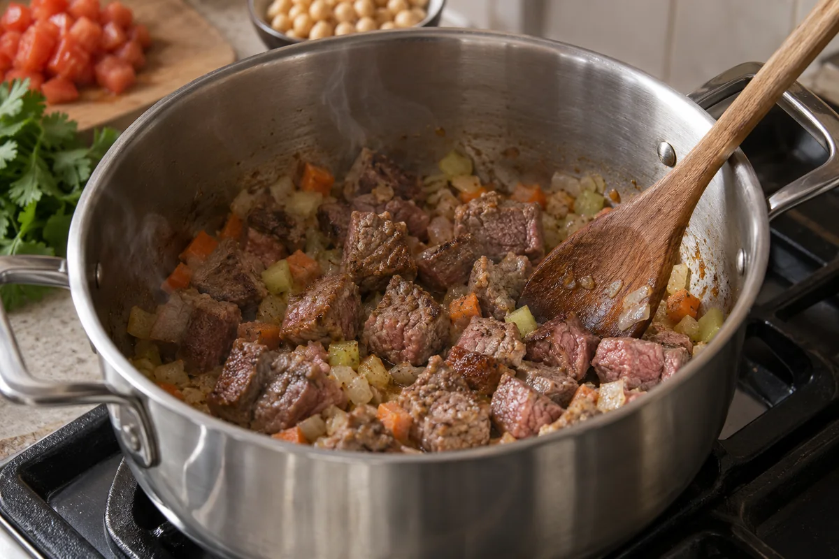 Шаг 3. Затем добавьте кусочки мяса и обжаривайте до золотистой корочки.