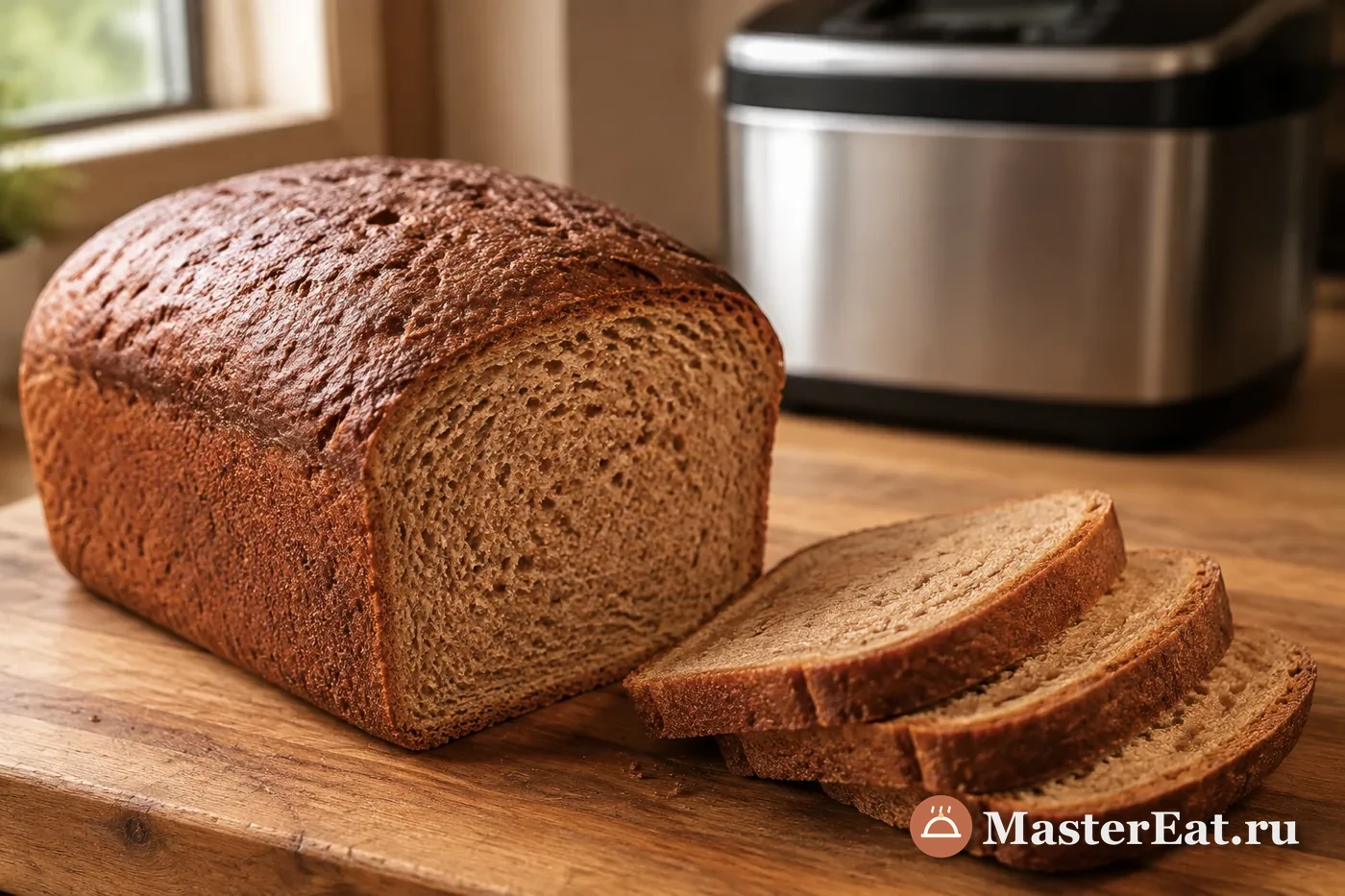 Цельнозерновая буханка с коричневой коркой и пористым срезом на доске