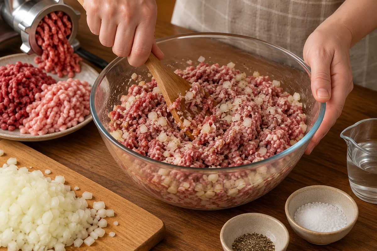 Чувашские хуплу – печёные пирожки с мясом и луком. Шаг 4: Прокрутите говядину и свинину через крупную решётку, очень мелко нарежьте лук и смешайте с мясом, водой,