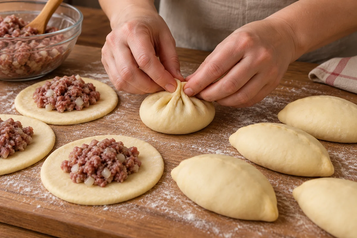 Чувашские хуплу – печёные пирожки с мясом и луком. Шаг 6: Разложите по заготовкам мясную начинку, соберите края над центром, тщательно защипните и слегка приплюсни