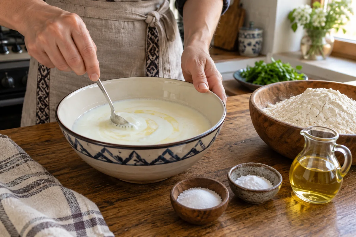 Карачаевские хычины с сыром и зеленью, шаг 1: Смешайте кефир с содой, 3 г соли и растительным маслом и оставьте на 2 минуты.