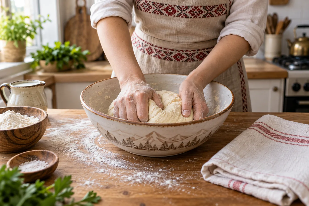 Карачаевские хычины с сыром и зеленью, шаг 2: Частями всыпьте муку, замесите мягкое эластичное тесто, накройте и оставьте на 15 минут.
