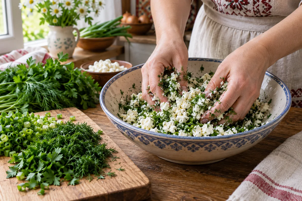 Карачаевские хычины с сыром и зеленью, шаг 3: Разомните адыгейский сыр, смешайте с мелко нарезанными укропом, петрушкой и зелёным луком и добавьте оставшуюся соль.