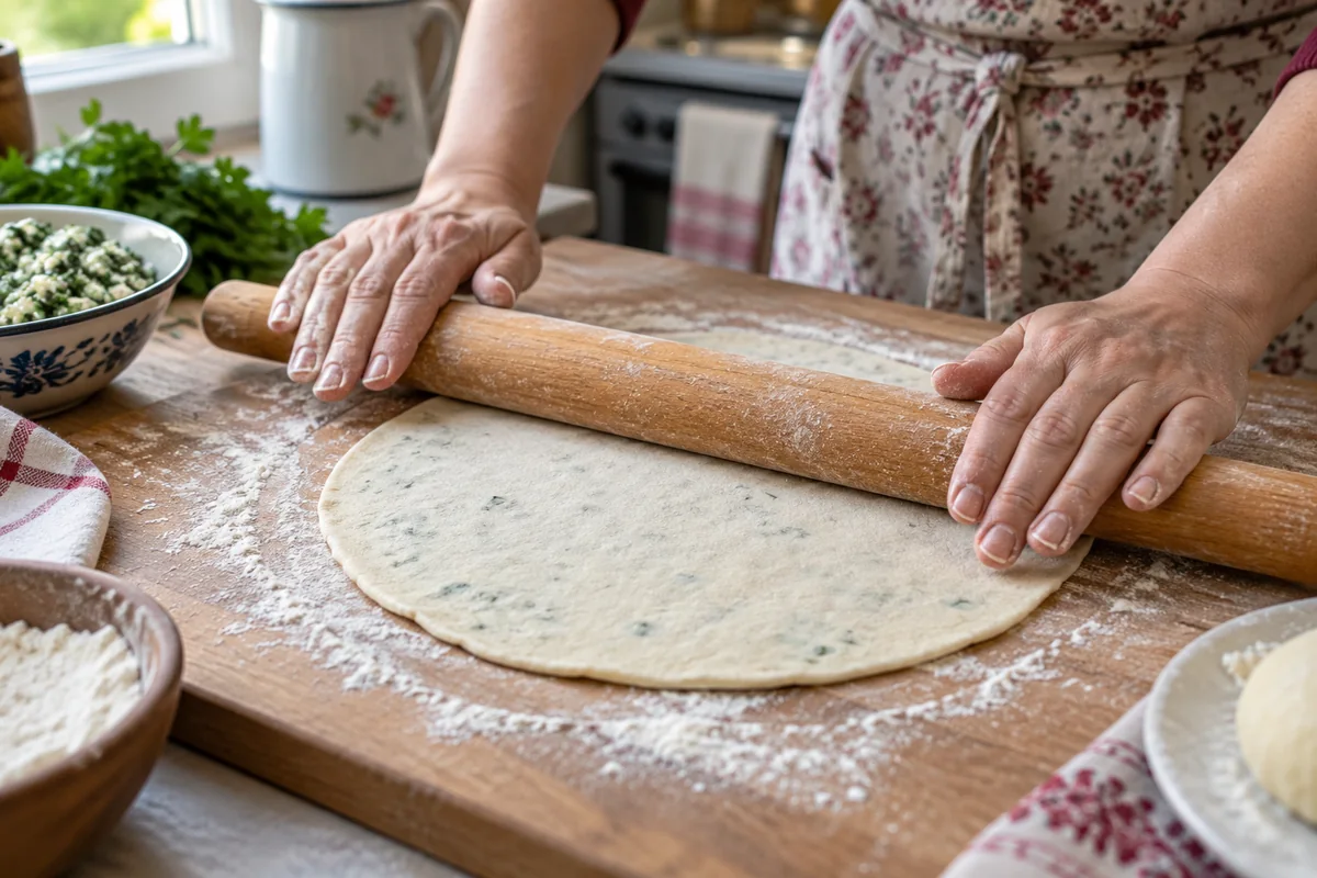 Карачаевские хычины с сыром и зеленью, шаг 6: Осторожно раскатайте заготовки от центра к краям в круги диаметром около 22 см, не разрывая тесто.