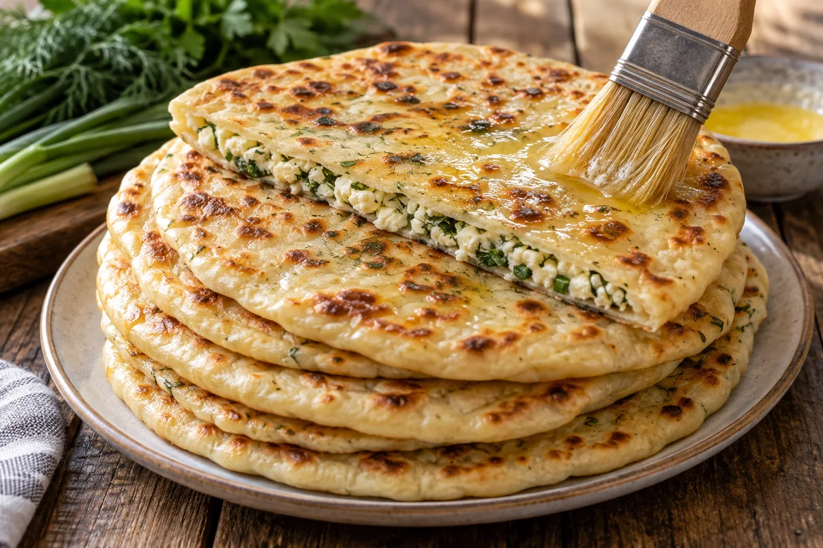 Карачаевские хычины с сыром и зеленью, шаг 8: Сразу смазывайте горячие хычины сливочным маслом, складывайте стопкой и держите под крышкой до подачи.