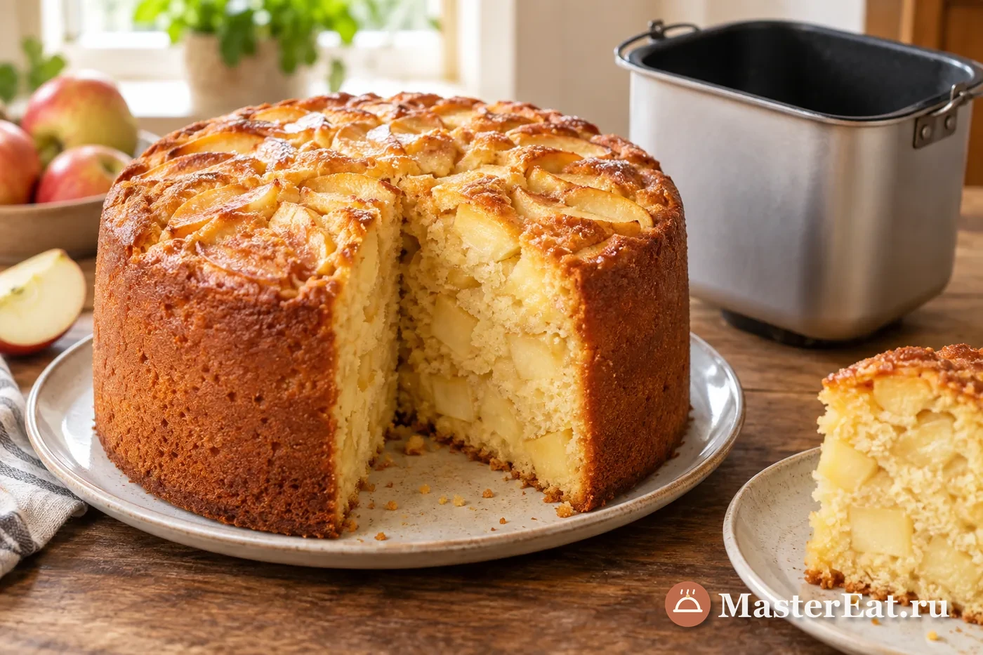 Высокий яблочный пирог с золотистой корочкой и видимыми кубиками яблок на срезе