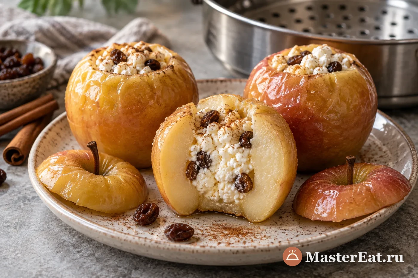 Плотные яблоки с творожной начинкой и изюмом, приготовленные на пару