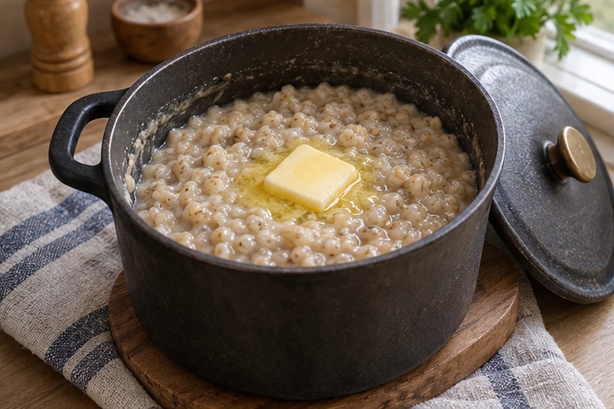 Сливочное масло кладут поверх каши, снимают кастрюлю с огня и дают ей постоять под крышкой.