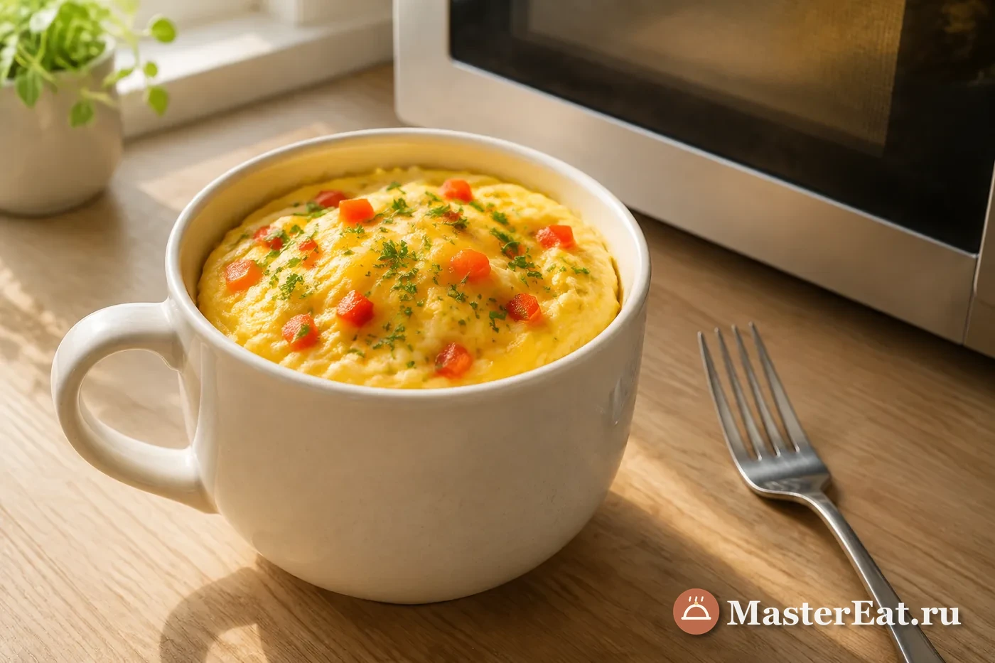Воздушный омлет с сыром и кусочками сладкого перца в большой светлой керамической кружке