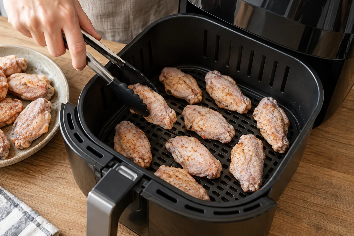 Шаг 6: Верните крылья в чистую корзину одним слоем и готовьте при 195 °C в течение 12 минут, не открывая аэрогриль первые…