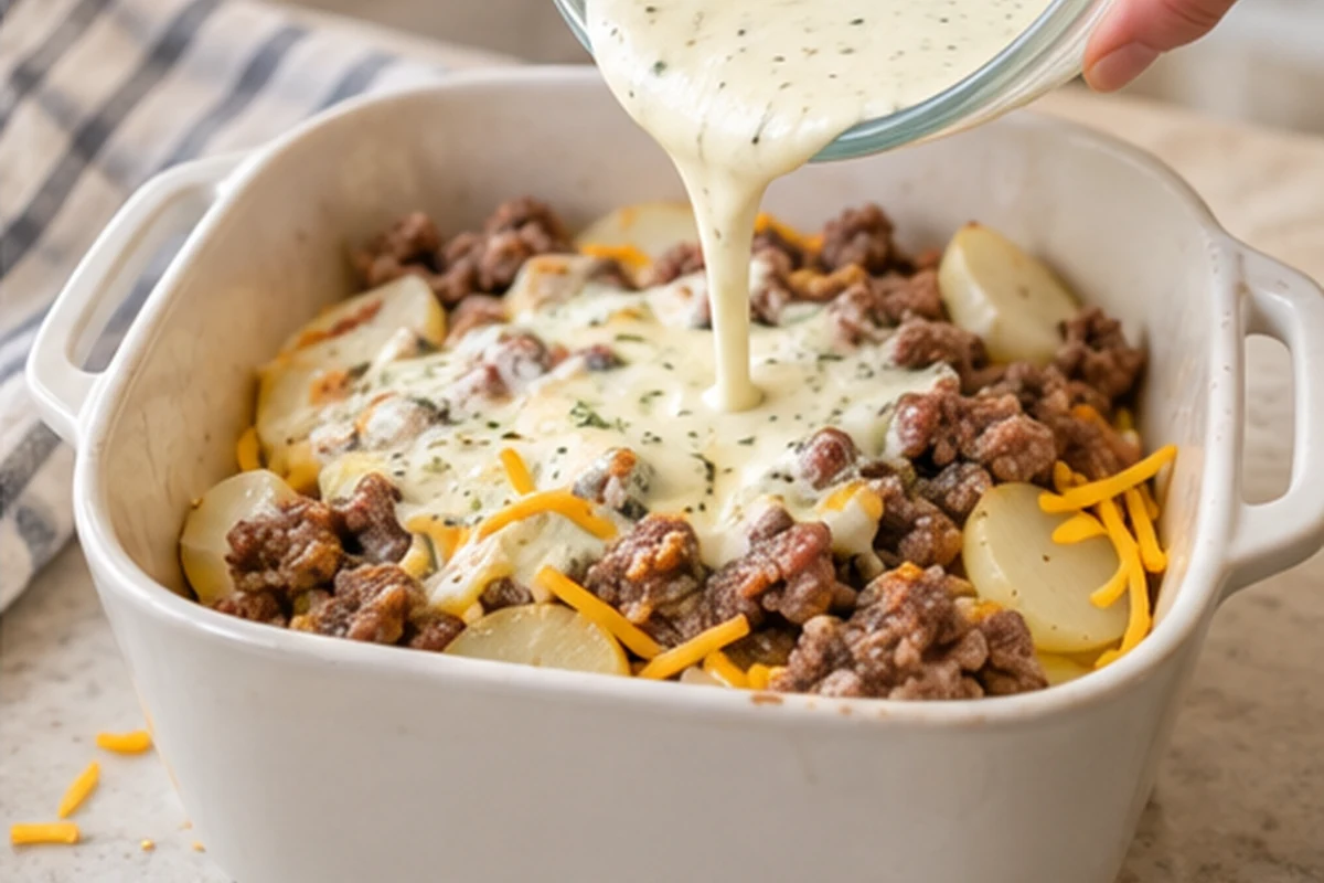 Картофельные и мясные слои в форме поливают сметанной заливкой