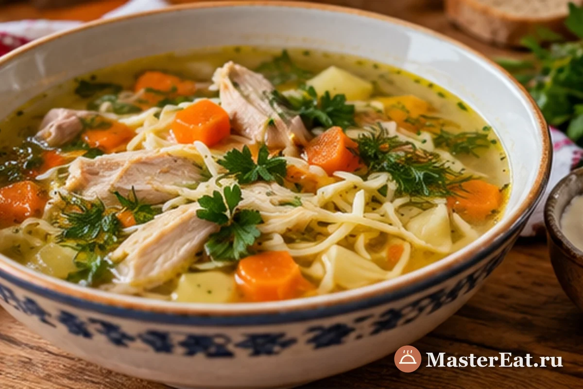 Молдавская зеама с курицей, домашней лапшой, зеленью и сметаной
