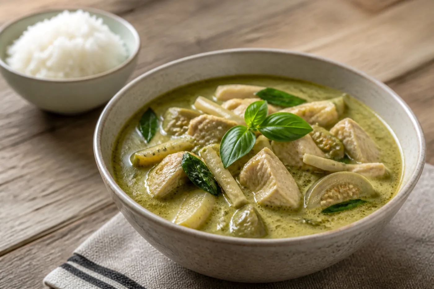 Зелёный тайский карри с курицей и базиликом