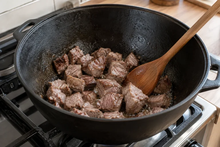 Кусочки оленины недолго прогревают в казане небольшими партиями