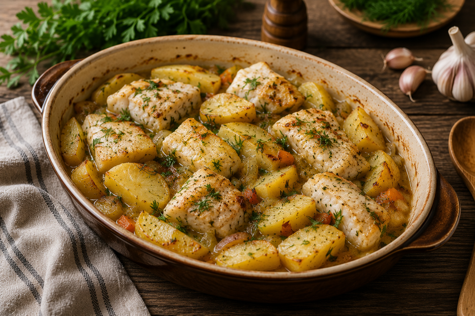 Жаркое из филе сома с картофелем, морковью и укропом в светлом сметанном соусе