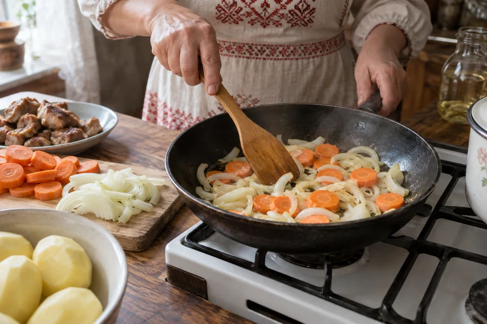 Шаг 3: Нарежьте лук полукольцами, морковь толстыми кружочками и готовьте в оставшемся масле 5 минут.